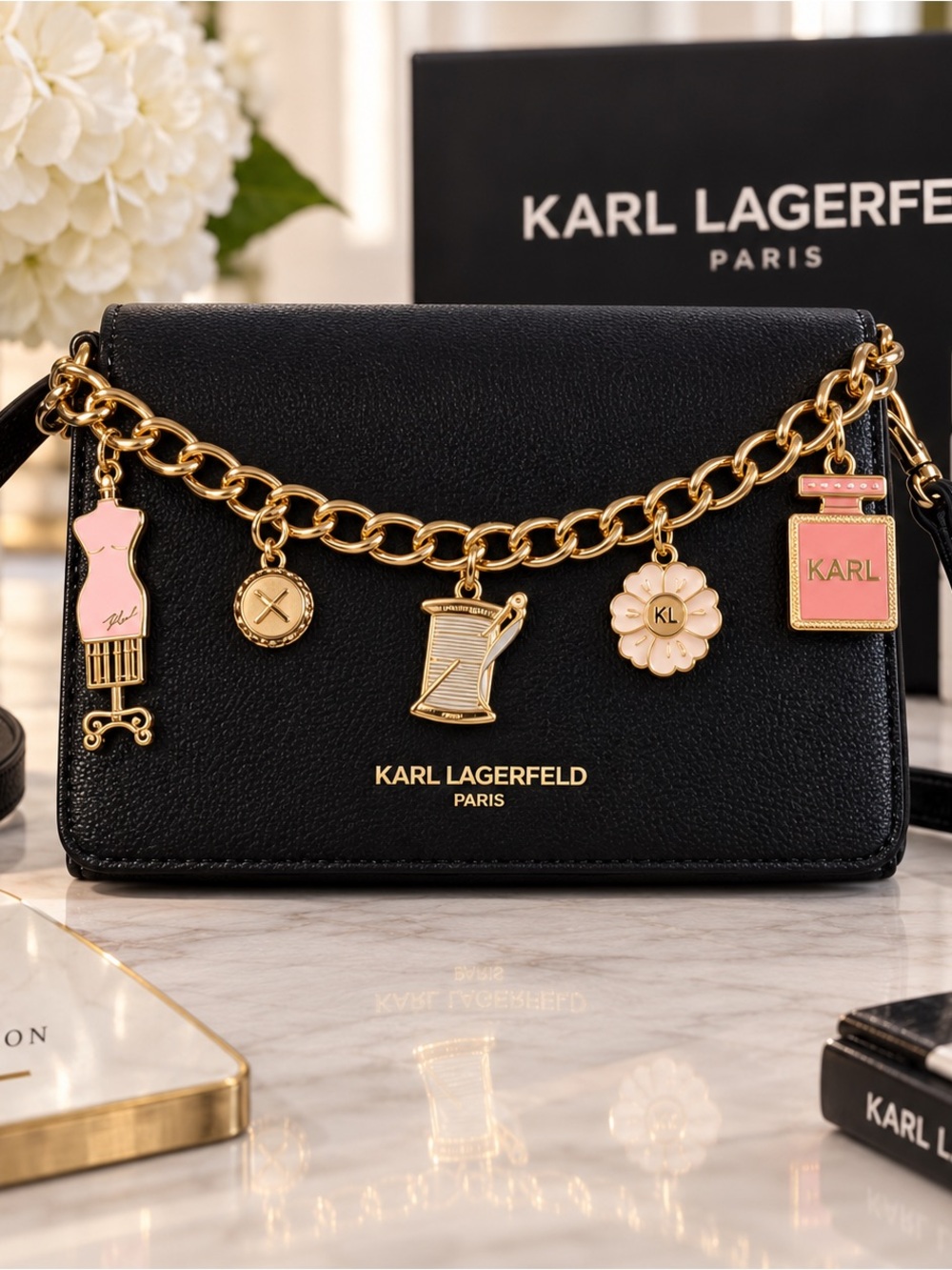 NWT Karl Lagerfeld Lourdes Leather Charm Crossbody Bag Black